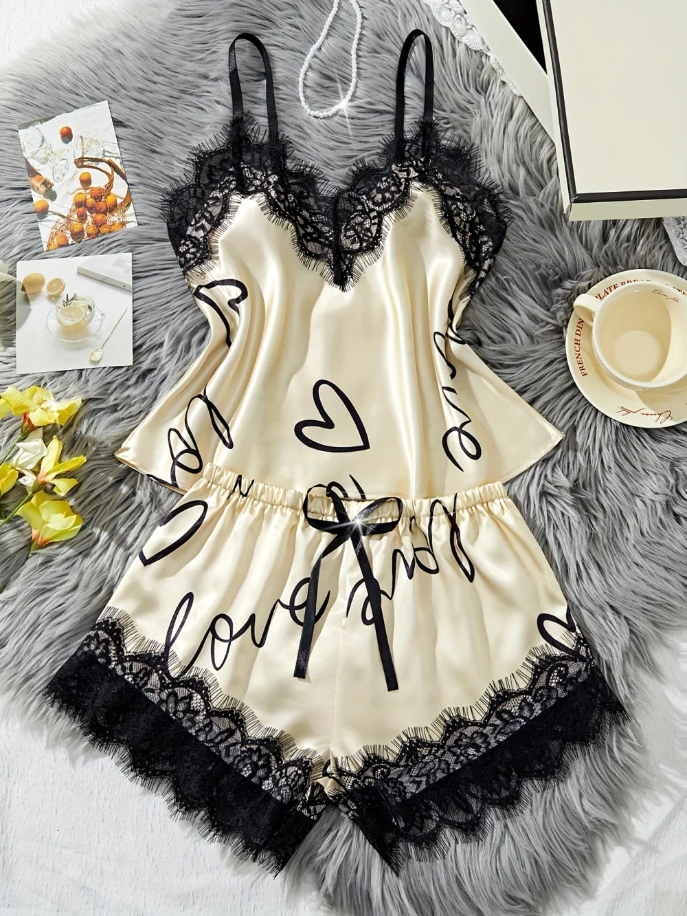 Heart Print Silk Pajama Set