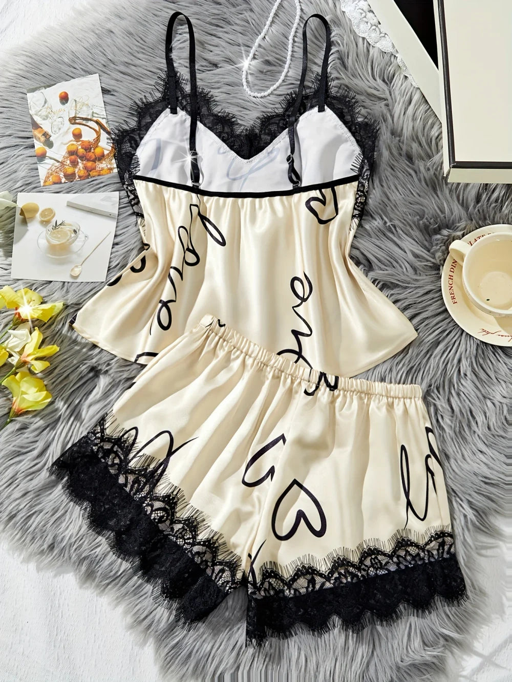 Heart Print Silk Pajama Set